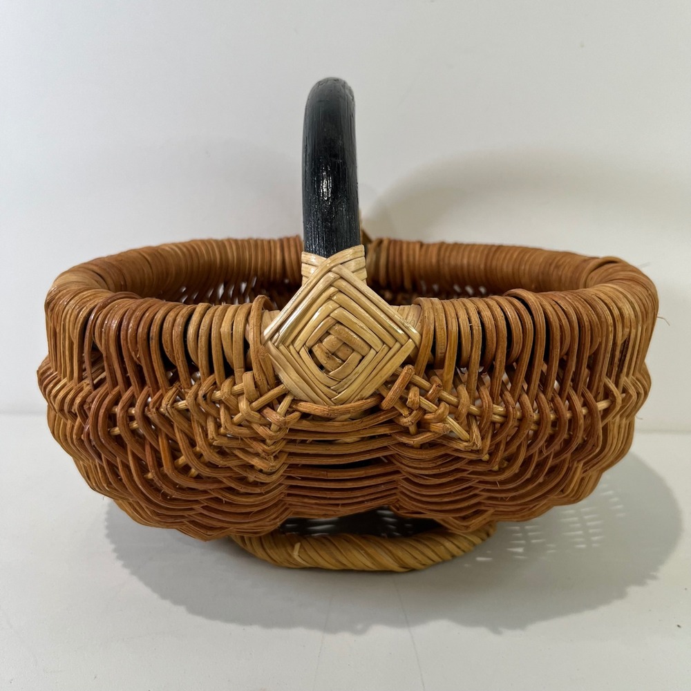 Vintage Woven Wicker Egg Basket Home Brown Black Handle Boho Cottage Farmhouse